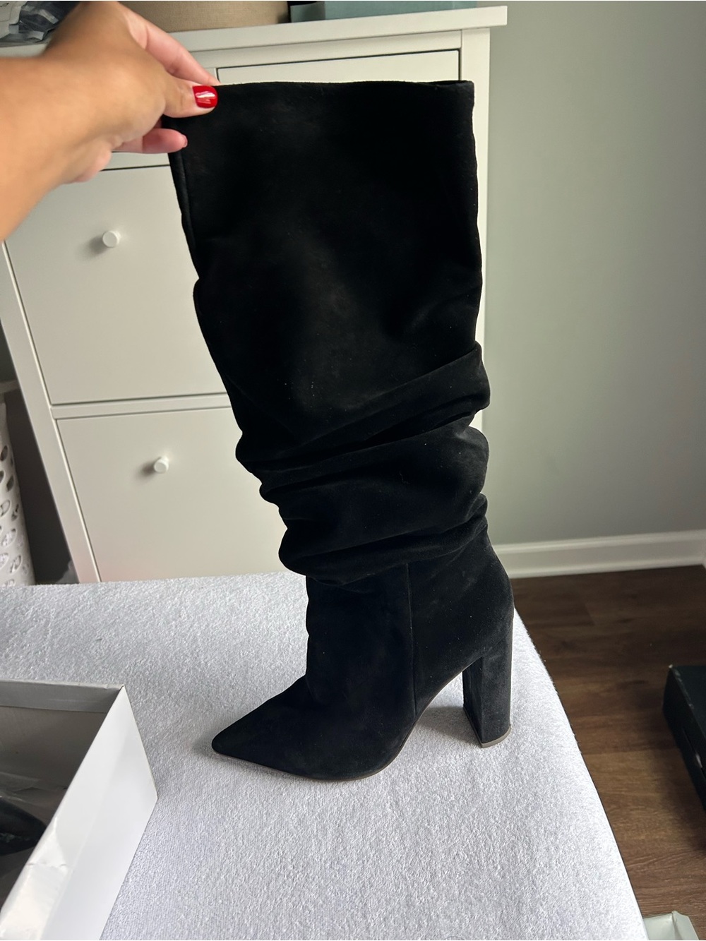 Steve Madden Black Suede Slouch Knee-High Block Heel Boots